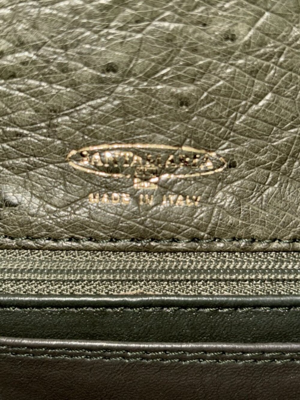 Auth SANTA MARIA Italy Genuine Ostrich Khaki Green Satchel Tote Bag...GORGEOUS! - Picture 7 of 8